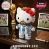 Hello Kitty plush wearing an Argentina soccer jersey with number 10, a brown beard, and a red bow on a glass desk.!