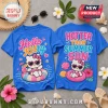 Blue T-shirt with Hello Kitty graphic in heart sunglasses and pool float, text reads Hello Kitty and Hotter Than Summer Sun.!
