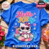 Blue crew neck t-shirt featuring Hello Kitty in heart sunglasses on a pool float with a drink and summer graphic prints.!