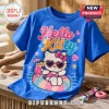 Blue crew neck t-shirt featuring Hello Kitty in heart sunglasses and a pink pool float with a tropical cocktail graphic.!
