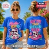 Blue t-shirt featuring Hello Kitty wearing heart sunglasses on an inner tube, text reads Hello Kitty and Hotter Than Sun.!