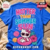Blue cotton t-shirt featuring Hello Kitty in heart sunglasses on a pink pool float with text Hotter Than Summer Sun.!