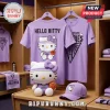 Lavender Hello Kitty Golden State Valkyries t-shirts, plush toy, and cap displayed on wooden locker room shelving.!
