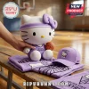 Hello Kitty plush wearing a purple Golden State Valkyries basketball jersey, headband, and matching baseball cap on bench.!