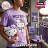 Man wearing a light purple Hello Kitty Golden State Valkyries basketball t-shirt while holding a matching plush toy.!