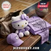 Hello Kitty plush wearing Golden State Valkyries purple jersey with matching purple cap and folded t-shirt on a bench.!