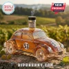 Amber glass decanter shaped like a vintage beetle car with number 53 decals, resting on a stone surface in a vineyard.!