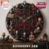 Horror Characters Halloween 2026 Wall Clock featuring iconic movie villains in a circular metal frame with red numerals.