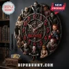 Horror Characters Halloween 2026 Wall Clock featuring iconic movie villains in a dark, circular industrial frame.