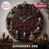 Horror Characters Halloween 2026 Wall Clock featuring iconic movie villains in a circular metal gear design.