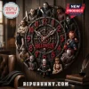 Horror Characters Halloween 2026 Wall Clock featuring iconic movie villains in a circular dark metallic gear design.