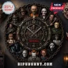 Horror Movie Characters Personalized Wall Clock featuring iconic film villains and metallic gears on a dark circular frame.