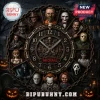 Horror Movie Characters Personalized Wall Clock featuring iconic slasher villains and gothic gear elements on black base.