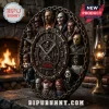 Horror Movie Characters Personalized Wall Clock featuring iconic slasher villains, metal chains, and mechanical clock face.