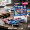 Hot Wheels Independence Day 1776-2026 die-cast car with stars and stripes livery on a wooden desk with branded packaging.!