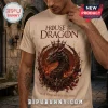 House of the Dragon graphic t-shirt in cream featuring a black dragon, crown, red flames, and text Fire Remembers Blood.!