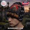 Iron Maiden Halloween Beanie Hat 2026 featuring Eddie graphic, red moon, and Fear of the Dark text on a graveyard background.