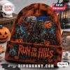 Iron Maiden Halloween Beanie Hat 2026 featuring Eddie on horseback, orange-black gradient knit, and Run to the Hills text.