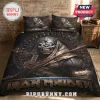Iron Maiden Powerslave Egyptian Mummy Duvet Bedding Set featuring Eddie as a pharaoh on dark, circular patterned fabric.