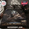 Iron Maiden Powerslave Egyptian Mummy Duvet Bedding Set with glowing blue-eyed Eddie mummy graphics on black fabric.
