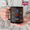 Iron Maiden Stained Glass Eddie Ceramic Mug with colorful album art graphics featuring classic band iconography on black.