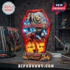 Iron Maiden The Number of the Beast 44th Anniversary LED resin lamp featuring Eddie in a coffin with glowing fire lighting.