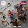 Iron Maiden The Trooper vinyl bobblehead figure with a Union Jack flag on a wooden table with silver spoons and oak leaves.!