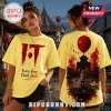 Yellow t-shirt featuring IT horror movie graphics, red balloon, Pennywise clown silhouette, and text Every Fear Floats Back.!