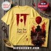 Yellow short-sleeved cotton t-shirt with Pennywise horror graphics, red balloon, and Every Fear Floats Back text.!