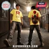 Man wearing yellow IT movie t-shirt with front red balloon graphic and back Pennywise sewer horror illustration.!