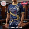 Navy blue soccer jersey with gold trim featuring a large Japanese dragon graphic, text reading JAPAN, and a crest on chest.!