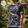 Navy blue athletic t-shirt featuring a Japanese dragon graphic, yellow collar trim, and a Japan crest logo.!