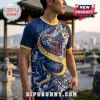 Navy blue athletic t-shirt featuring a gold and blue Japanese dragon illustration, yellow collar, and Japan text badge.!