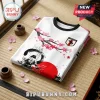 White t-shirt featuring a Japanese samurai, cherry blossoms, a red sun, and a Japan national football team crest.!