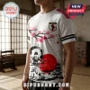 White t-shirt featuring a samurai, red sun, cherry blossoms, and Japan soccer crest graphic on a tatami mat background.!