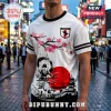 White crew neck t-shirt featuring a samurai, cherry blossoms, a red sun, and Japanese calligraphy text.!