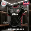 Black Japan soccer jersey with red trim and embossed floral crane pattern, featuring a white Japan logo on the chest.!