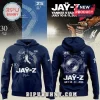 Navy blue Jay-Z hoodie featuring Yankee Stadium graphics, concert dates, and a turntable illustration on the back.!
