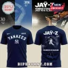 Navy blue Jay-Z Yankee Stadium concert t-shirt featuring front Yankees logo and back graphic of rapper with signature.!