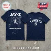 Navy blue t-shirt with Jay-Z and New York Yankees graphic, featuring a photo of Jay-Z and Yankee Stadium on the back.!