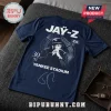 Navy blue short-sleeve cotton t-shirt with a Jay-Z Yankee Stadium graphic, white text, and a signature print.!