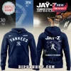 Navy blue Jay-Z Yankee Stadium concert hoodie with white screen-printed graphics on front and back.!