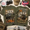 Olive green graphic t-shirt featuring Jeep 76th anniversary print with off-road vehicle illustration and firework motifs.!