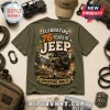 Olive green graphic t-shirt featuring a Jeep off-road vehicle illustration, mountain landscape, and 76 years text logo.!