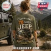 Olive green t-shirt featuring a 76 years of Jeep graphic with an off-road vehicle illustration and mountain background.!