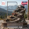 Jeep 85 years commemorative mountain statue featuring five scale model vehicles on a winding road atop a wood base.!