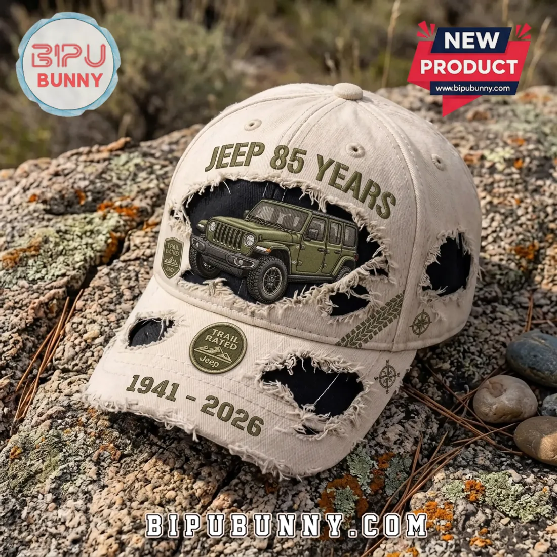 Jeep 85 Years 1941-2026 Distressed Tan Baseball Cap Jeep 85 Years 1941-2026 Distressed Tan Baseball Cap