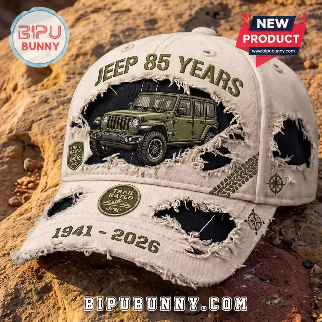 Jeep 85 Years 1941-2026 Distressed Tan Baseball Cap Jeep 85 Years 1941-2026 Distressed Tan Baseball Cap