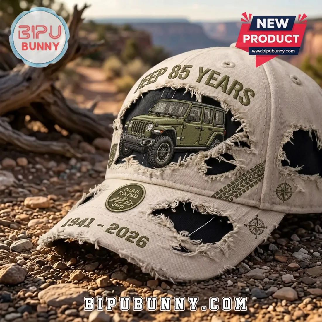 Jeep 85 Years 1941-2026 Distressed Tan Baseball Cap Jeep 85 Years 1941-2026 Distressed Tan Baseball Cap