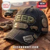Black denim baseball cap with Jeep embroidery, metal 1941 commemorative badges, and tire tread pattern on the visor.!